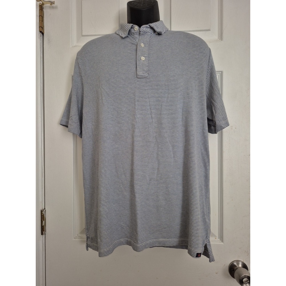 Faherty Brand Polo Shirt Mens Large White Blue Striped Cotton Casual Preppy Soft